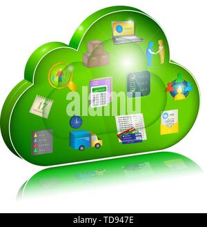 Icônes des processus d'affaires en nuage vert : comptabilité,voyage,logistique,Gestion comptable,Scheduler, la gestion du personnel,Liste des entrepreneurs,Electronic D Illustration de Vecteur