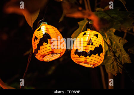 Scary Halloween décorations à l'extérieur à l'éclairé de nuit Banque D'Images