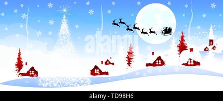 Bannière de Noël. Scène de nuit de Noël au village sur un fond bleu. Village en hiver. Illustration de Vecteur