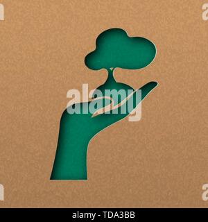 De plus en plus main Papercut grand arbre. Green concept découpe dans le papier recyclé pour la conservation de la nature ou de la sensibilisation. Illustration de Vecteur