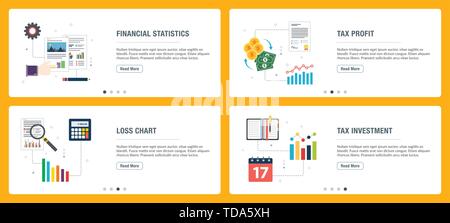 Vector set de bannières web vertical avec les statistiques financières, impôt, taxe et tableau de pertes de l'investissement. Vector Modèle de page pour le site web et mobile Illustration de Vecteur