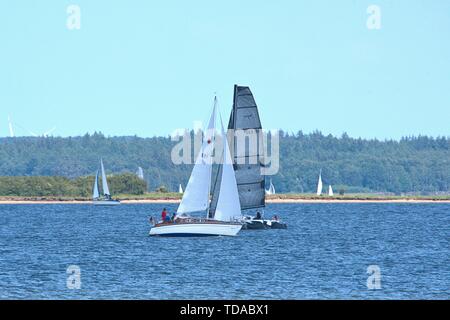 Schleswig, Deutschland. 09Th Juin, 2019. 09.06.2019, le Schlei à Schleswig. L'Ostseefjord, une prise d'eau de mer Baltique remplis d'eau saumâtre, est une zone de navigation. Deux voiliers sur l'eau avec Reesholm dans l'arrière-plan. Utilisation dans le monde entier | Credit : dpa/Alamy Live News Banque D'Images