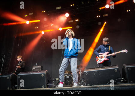 Oslo, Norvège. 13 Juin, 2019. Norvège, Oslo - le 13 juin 2019. Le groupe de rock anglais The Charlatans effectue un concert live au cours de la fête de la musique norvégienne Piknik i Parken 2019 à Oslo. Ici singer Tim Burgess est vu sur scène. (Photo crédit : Gonzales Photo/Alamy Live News Banque D'Images