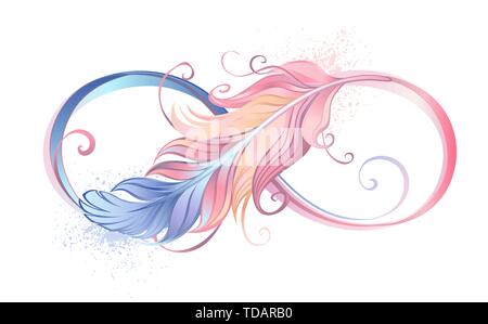 Symbole de l'infini avec une belle plume peint en rose et bleu pastel sur fond blanc. Illustration de Vecteur