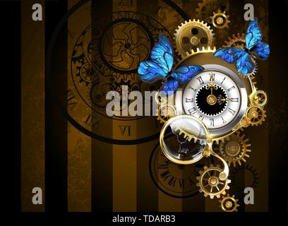 L'argent d'horloges anciennes, décorées avec des bijoux, de l'or des aiguilles d'horloge et des chiffres romains noirs assis avec papillons bleu sur fond à rayures marron. Illustration de Vecteur