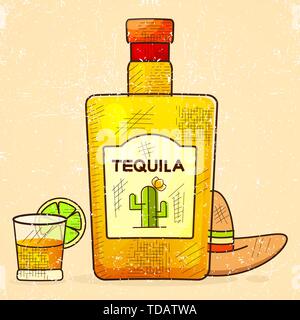 Contexte mexicain avec une bouteille de tequila. Tequila fantaisie nom ajouté. Modèle de carte de Vœux, invitation ou de l'affiche. Fichier vectoriel EPS10. Illustration de Vecteur