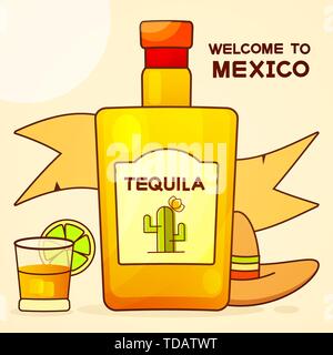 Contexte mexicain avec une bouteille de tequila. Tequila fantaisie nom ajouté. Modèle de carte de Vœux, invitation ou de l'affiche. Fichier vectoriel EPS10. Illustration de Vecteur