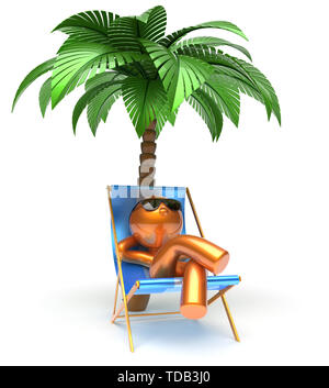 Caractère de l'homme froid palmier plage détente chaise confort d'été lunettes de soleil doré stylisé cartoon personne chaise longue chaise longue tourist Banque D'Images