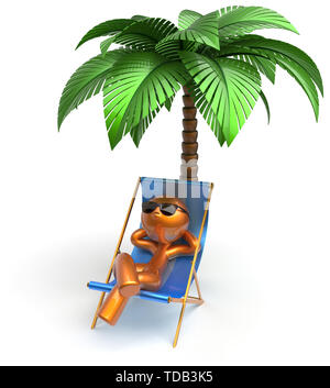 Personnage de chilling beach deck chair man relaxing palmier stylisé confort d'été lunettes personne d'or chaise longue chaise longue tourist Banque D'Images