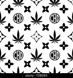 Modèle logique de la marijuana. Noir sur blanc fond d'écran vecteur de mauvaises herbes. Feuille de Cannabis. Arrière-plan de tuiles. Vector illustration. Pour le web, le conditionnement, l'emballage, Illustration de Vecteur