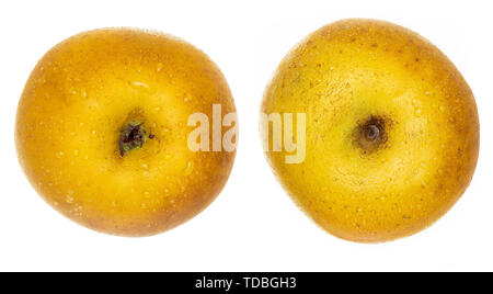 Deux morceaux de pomme (jaune, Chantecler chanteclerc, Malus domestica). Mélange de variétés Golden Delicious et le Clochard Pippin. Vue d'en haut. Isolé sur Banque D'Images