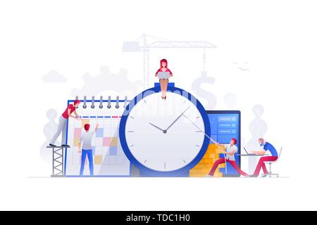Illustration Vecteur de personnes qui travaillent sur les questions financières ensemble sur l'horloge et calendrier. Gestion de temps de travail d'équipe et concept. Illustration de Vecteur
