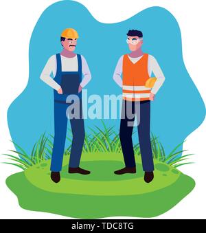 Les travailleurs masculins constructeurs constructeurs sur la pelouse vector illustration design Illustration de Vecteur