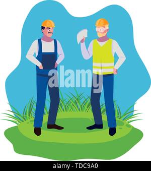 Les travailleurs masculins constructeurs constructeurs sur la pelouse vector illustration design Illustration de Vecteur
