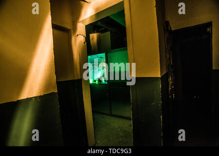 Maison hantée d'horreur sur le thème de l'hôpital, pièce secrète s'échapper. Banque D'Images