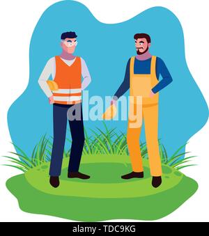 Les travailleurs masculins constructeurs constructeurs sur la pelouse vector illustration design Illustration de Vecteur
