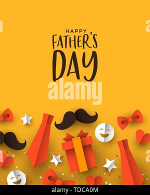 Happy Father's Day Greeting card for special papa maison de vacances. 3D icônes de la barre de coupe, moustache, de cadeaux et de plus sur un fond de couleur orange. Illustration de Vecteur