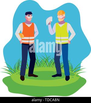 Les travailleurs masculins constructeurs constructeurs sur la pelouse vector illustration design Illustration de Vecteur