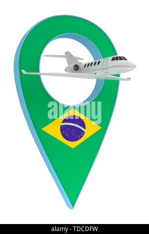 Avion privé avec code pin drapeau Brésil navigation. Le rendu 3D Banque D'Images
