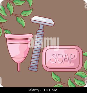 Coupelle menstruelle avec du savon et rasoir jetable coiffure dans l'image vector illustration design Illustration de Vecteur