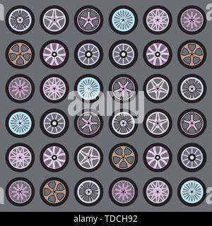 Ensemble de roues différentes icônes isolé sur fond gris. Vector illustration dans télévision style. Pour plus d'informations sur la conception des voitures, tout transport, location se Illustration de Vecteur