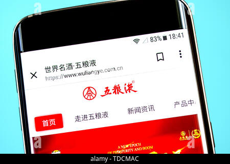 Berdiansk, Ukraine - 8 juin 2019 : Wuliangye Yibin accueil du site. Wuliangye Yibin logo visible sur l'écran du téléphone, rédaction d'illustration. Banque D'Images