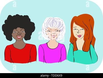 Portrait de trois femmes d'âge différent et sympathique avec un grand sourire Illustration de Vecteur