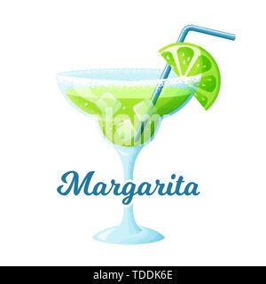 Margarita cocktail avec une tranche de lime. Un verre de boisson rafraîchissante isolé sur fond blanc. Vector illustration. Illustration de Vecteur