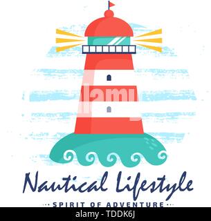 Phare arrière-plan et à rayures style nautique slogan. Vector illustration sur un fond blanc pour poster ou t-shirt print. Illustration de Vecteur