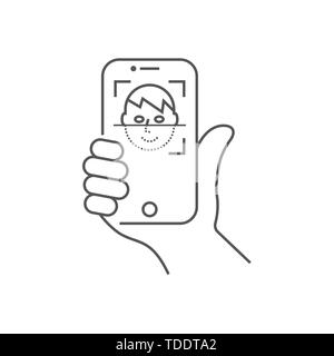 L'identification biométrique, système de reconnaissance de visage concept. Dans la main du smartphone numérise une personne face. Application mobile pour la reconnaissance des visages. Face ID. Face Illustration de Vecteur