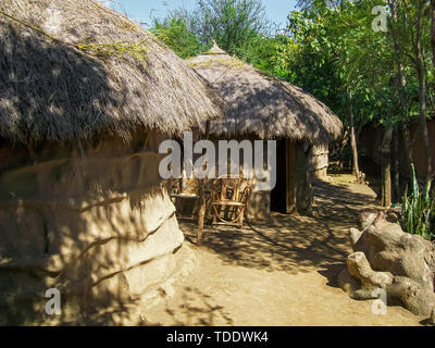 Huttes africaines couvertes d'arbres, les membres des tribus africaines house Banque D'Images