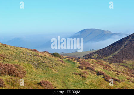 Vue depuis le Long Mynd dans les collines du Shropshire, au Royaume-Uni, avec des pics au-dessus des nuages. Banque D'Images