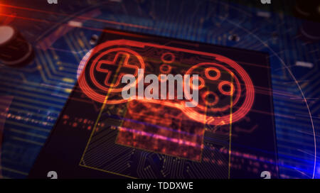 Hologramme Gamepad sur cpu travail en arrière-plan. Futuristic circuit board 3d illustration. Concept de créer et de codage, de jeux en ligne et jeux vidéo Banque D'Images