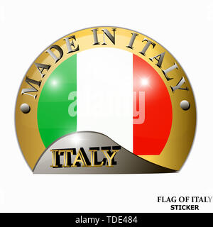 Fabriqué en Italie.sticker autocollant lumineux avec drapeau italien. Heureux Italie bouton day. Autocollant avec pavillon de l'Italie. L'illustration. Banque D'Images