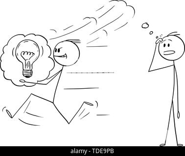 Vector cartoon stick figure dessin illustration conceptuelle de businessman voler une idée à un autre homme ou d'un concurrent et courir avec elle. Concept de plagiat et la propriété intellectuelle. Illustration de Vecteur