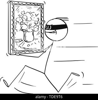 Vector cartoon stick figure dessin illustration conceptuelle de voleur courir avec tableau volé du musée, galerie d'art ou de la chambre. Illustration de Vecteur