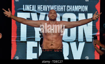 Las Vegas, USA. 14 Juin, 2019. Tyson Fury pèse 263 livres à la pesée d'aujourd'hui à l'hôtel MGM Vendredi 14 Juin, 2019. Tyson Fury va lutter contre l'Allemagne pour la Schwarz Tom titre Intercontinental WBO le 15 juin à l'hôtel MGM Grand de Las Vegas, Nevada. (Photo crédit : ZumaPress Blevins gène/ZUMA/Alamy Fil Live News Crédit : ZUMA Press, Inc./Alamy Live News Banque D'Images