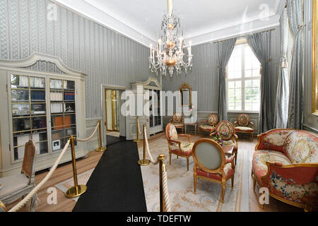 15 juin 2019, le Brandebourg, Gransee/OT Meseberg : La bibliothèque dans le château de Meseberg est ouvert aux visiteurs. Le château est la maison d'hôtes du gouvernement fédéral. Le jour de la porte ouverte, certaines chambres au rez-de-chaussée ainsi que le parc à l'Huwenowsee peut être visité. Photo : Bernd Settnik/dpa-Zentralbild/dpa Banque D'Images