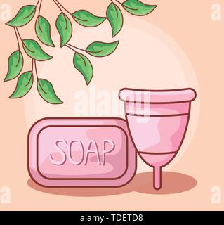 Barre de coupe menstruelle avec du savon et de la conception d'illustration vectorielle leafs Illustration de Vecteur