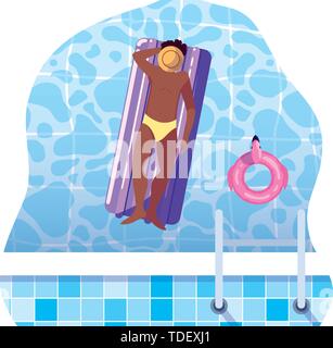 L'homme afro avec maillot de bain et matelas flottant dans l'eau vector illustration design Illustration de Vecteur