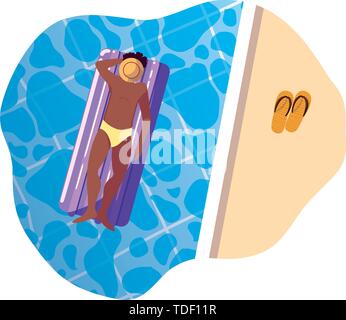 L'homme afro avec maillot de bain et matelas flottant dans l'eau vector illustration design Illustration de Vecteur