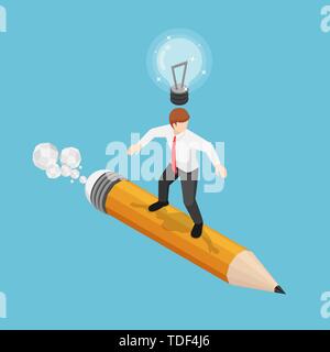 Télévision 3D isométrique businessman surfant sur crayon avec lightbulb sur sa tête. Idée d'entreprise et la créativité concept. Illustration de Vecteur