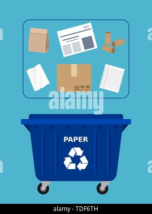 Benne à déchets recyclables pour les déchets de papier. Conteneur bleu avec des objets en papier. Recyclage du papier au tri sélectif des déchets, tri, déchets, eco friendly. Vector Illustration de Vecteur