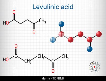 Molécule d'acide lévulinique, est un acide cétonique cristallins préparés à partir de lévulose, inuline, amidon. Feuille de papier dans une cage. Formule chimique et structurale Illustration de Vecteur