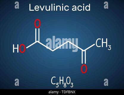 Molécule d'acide lévulinique, est un acide cétonique cristallins préparés à partir de lévulose, inuline, amidon. Formule chimique structurel sur le fond bleu foncé. V Illustration de Vecteur