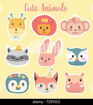 Joli dessin à la main tête animale dans l'icône clipart collection couleur pastel, ensemble d'animal sauvage, lion, girafe, singe, raton laveur, lapin, hibou, Penguin, un renard Illustration de Vecteur