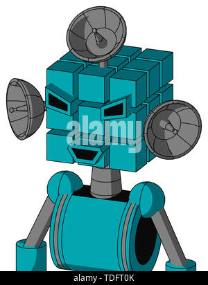 Bleu style portrait robot avec tête de cube et heureux de la bouche et les yeux en colère et radar lave hat . Banque D'Images