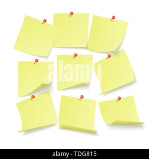 Ensemble de bureau jaune autocollants avec espace pour texte joint par neeples au mur. Vector illustration isolé sur fond blanc Illustration de Vecteur