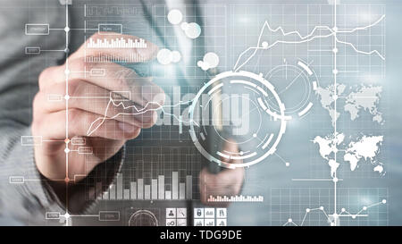 BI Business intelligence, Analyse des indicateurs Indicateur de performance clé transparent de planche de bord arrière-plan flou. Banque D'Images