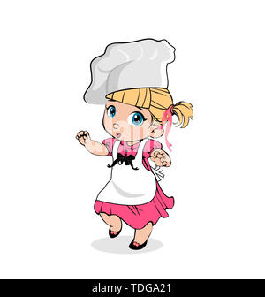 Petite fille Chef en tablier blanc et chapeau, menu enfant, caractère adorable bébé cuisine Cuiseur, blonde Enfant en robe rose isolé sur fond blanc, C Banque D'Images